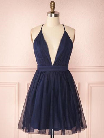 Deep V Neck Navy Blue Short Prom Dresses, Navy Blue Short Graduation Homecoming Dresses