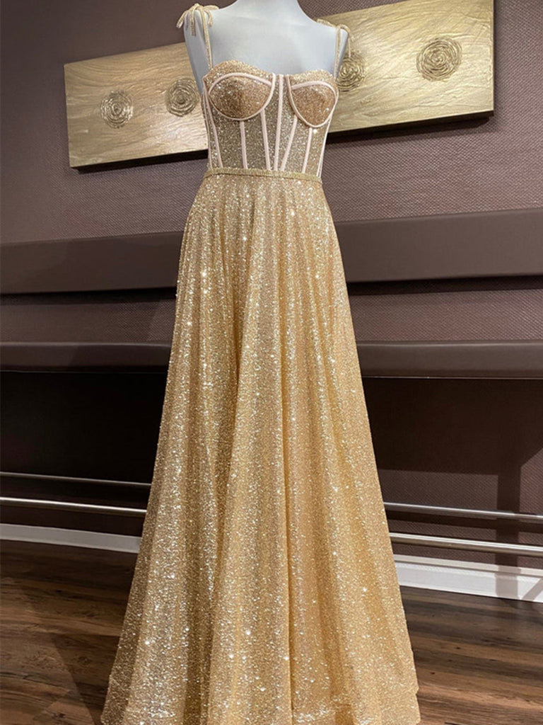 Shiny A Line Spaghetti Straps Gold Prom Dresses Long, Sweetheart Neck morievent Shiny A Line Spaghetti Straps Gold Prom Dresses Long, Sweetheart Neck morievent