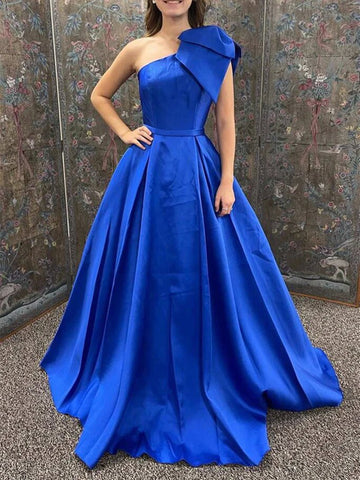 One Shoulder Royal Blue/Yellow Long Prom Dress, Long Royal Blue/Yellow Formal Graduation Evening Dress