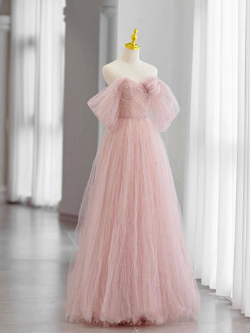 Off Shoulder Pink Tulle Long Prom Dress, Beautiful A Line Off Shoulder Formal Evening Dress