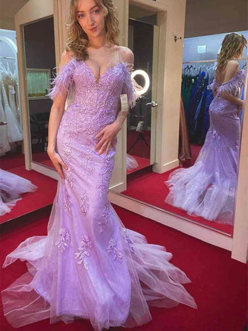 Off Shoulder Mermaid Purple Lace Long Prom Dress, Mermaid Purple Formal Dress, Purple Lace Evening Dress