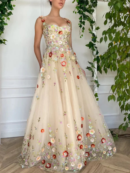 Champagne A Line Tulle Floral Long Prom Dresses, Champagne Formal Graduation Evening Dresses with 3D Flowers