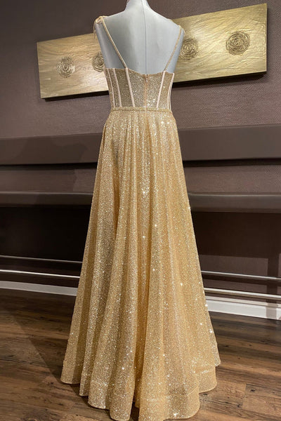 Shiny A Line Spaghetti Straps Gold Prom Dresses Long, Sweetheart Neck Golden Formal Dresses, Gold Tulle Evening Dresses