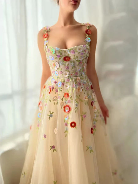 Champagne A Line Tulle Floral Long Prom Dresses, Champagne Formal Graduation Evening Dresses with 3D Flowers