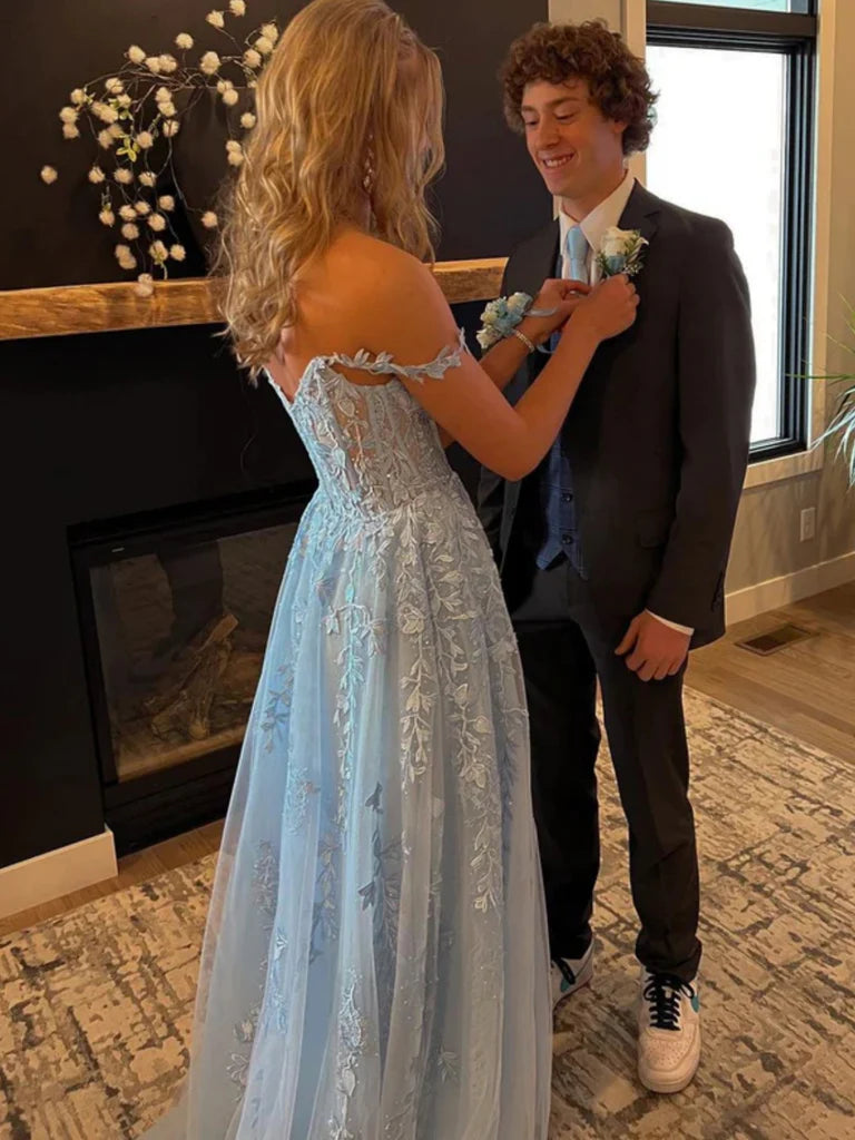 Off Shoulder Light Blue Lace Long Prom Dresses with High Slit