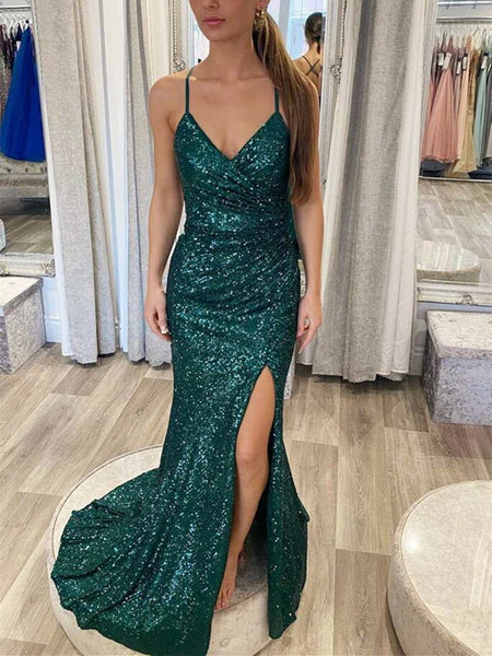 Shiny Sequins V Neck Mermaid Green Long Prom Dress, High Slit Green Formal Dress, Green Sequins Evening Dress