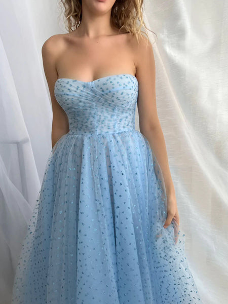 A Line Blue Short Prom Dresses, Sweetheart Neck Tulle Blue Homecoming Bridesmaid Dresses