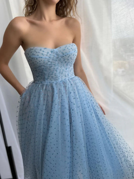 A Line Blue Short Prom Dresses, Sweetheart Neck Tulle Blue Homecoming Bridesmaid Dresses