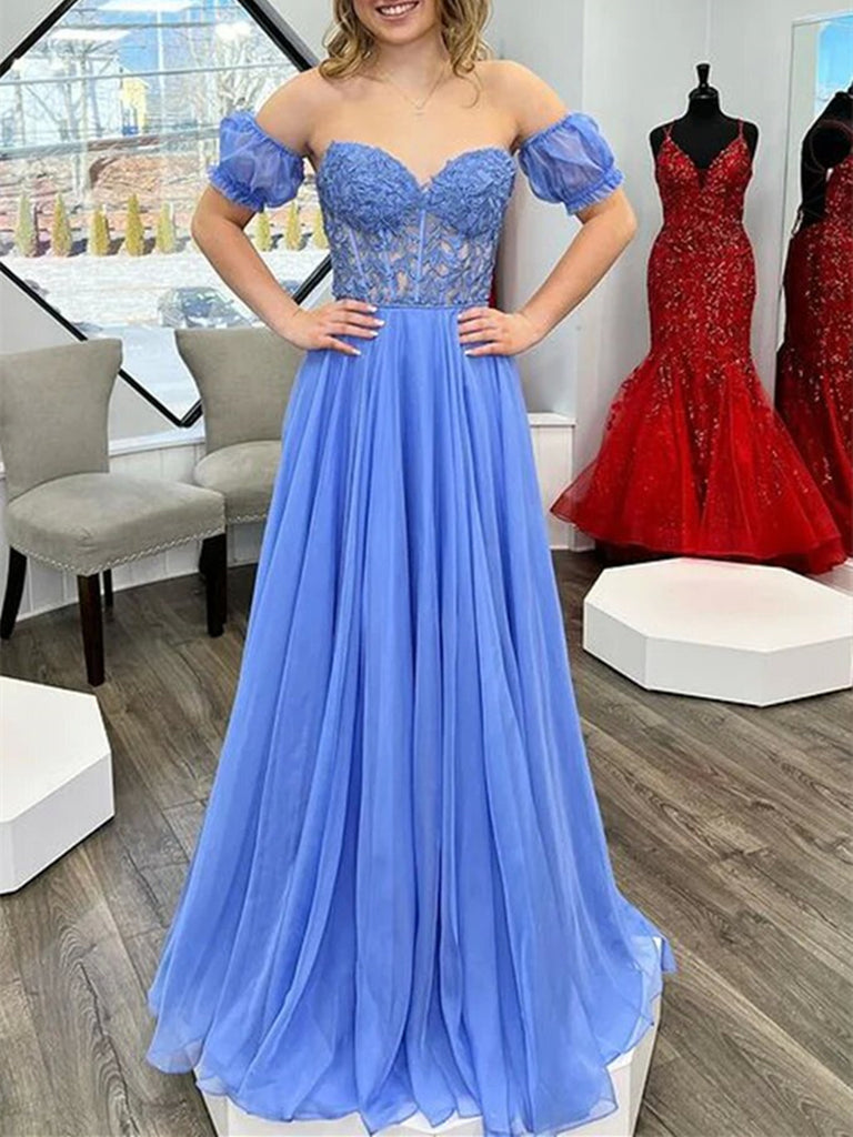 Strapless Sweetheart Neck Blue Lace Long Prom Dress, Blue Lace Formal Dress, Long Blue Evening Dress