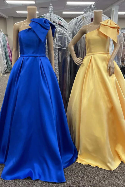 One Shoulder Royal Blue/Yellow Long Prom Dress, Long Royal Blue/Yellow Formal Graduation Evening Dress