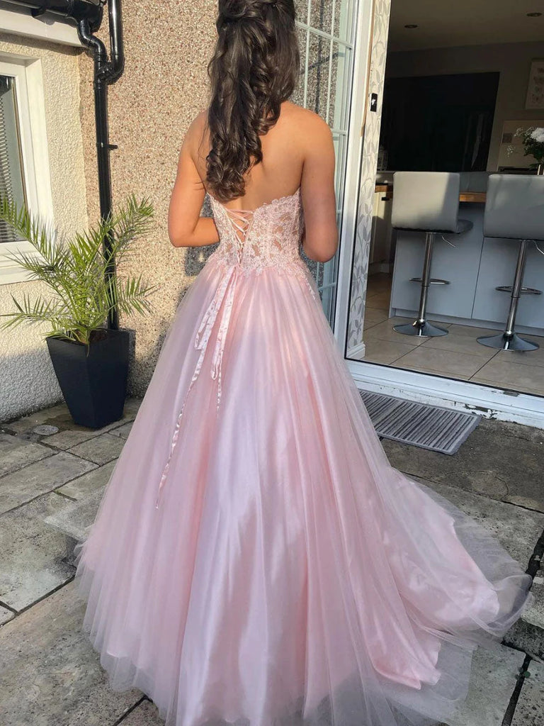 A Line Sweetheart Neck Tulle Lace Long Prom Dress, Pink Formal Evening morievent A Line Sweetheart Neck Tulle Lace Long Prom Dress, Pink Formal Evening morievent