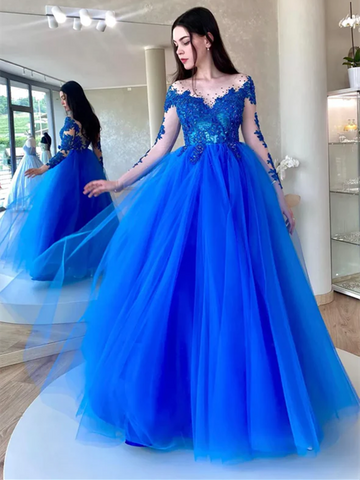 A Line Blue Tulle Lace Long Sleeves Long Prom Dresses, A Line Blue Tulle Lace Long Sleeves Long Formal Evening Dresses