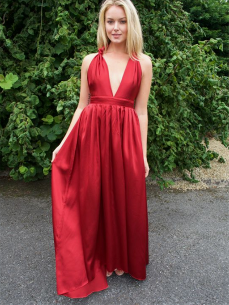 Elegant A Line Deep V Neck Backless Red Satin Long Prom Dresses, Simpl morievent Elegant A Line Deep V Neck Backless Red Satin Long Prom Dresses, Simpl morievent