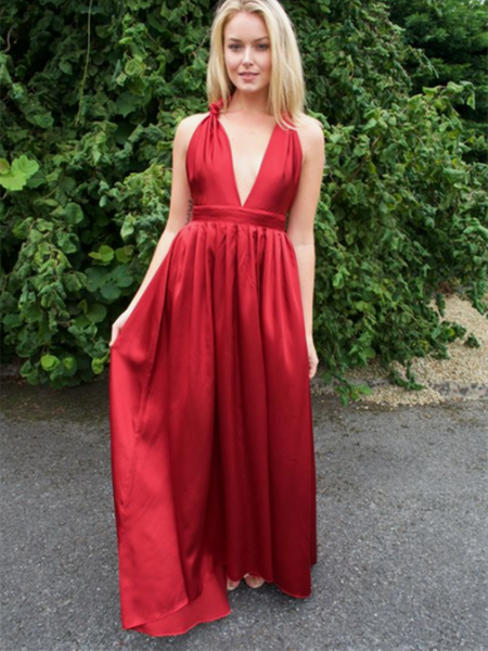 Elegant A Line Deep V Neck Backless Red Satin Long Prom Dresses, Simple  V Neck Backless Red Evening Formal Party Dresses