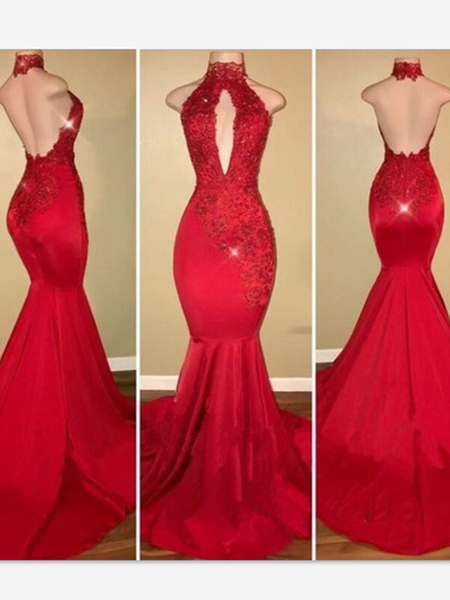 Red Mermaid Prom Dresses Party Gowns, Lace Formal Dress, Sleeveless Graduation Dresses