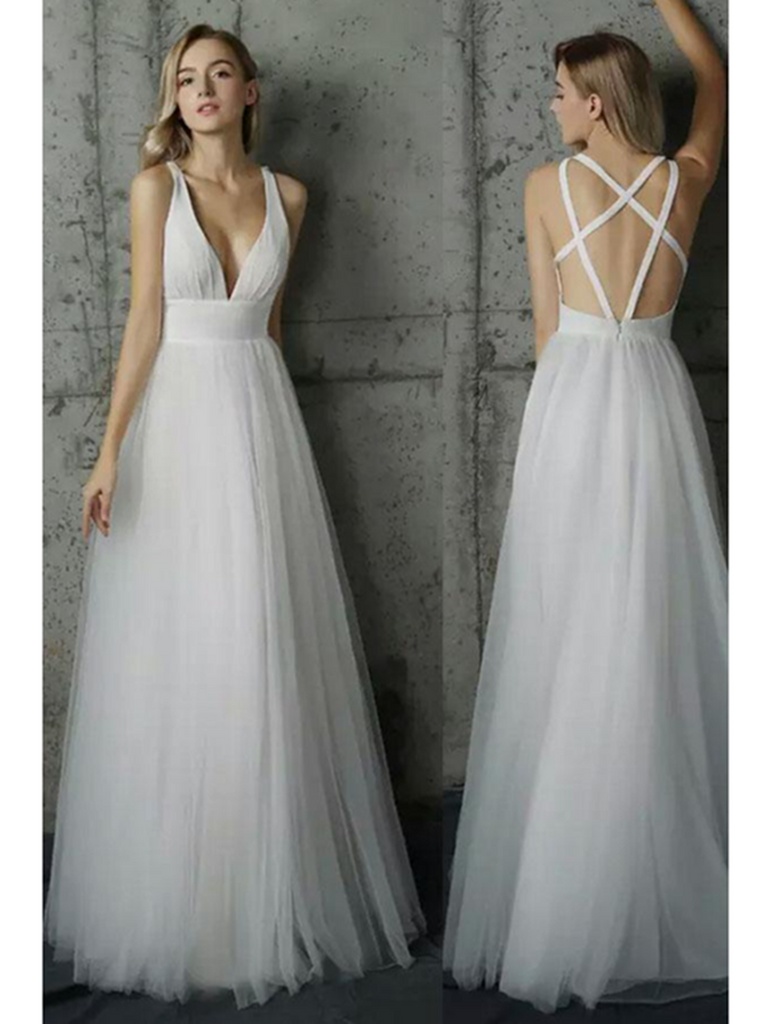 White V Neck Sleeveless Wedding Dresses, White Prom Dresses