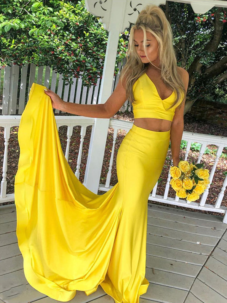 V Neck Yellow Satin Two Pieces Long Prom Dress, Yellow Mermaid 2 Pieces Formal Evening Dress