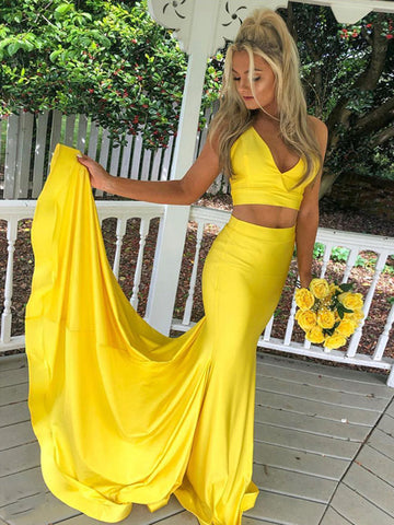 V Neck Yellow Satin Two Pieces Long Prom Dress, Yellow Mermaid 2 Pieces Formal Evening Dress