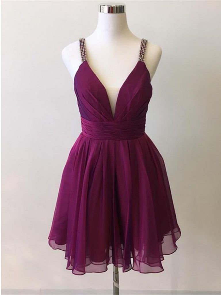 Spaghetti Strap V Neck Purple Prom Dresses,  Purple Short Chiffon Graduation Homecoming Dresses
