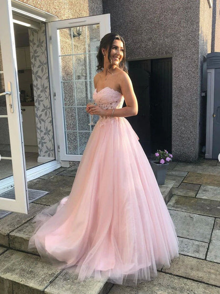 A Line Sweetheart Neck Tulle Lace Long Prom Dress, Pink Formal Evening Dress