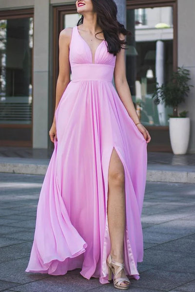 V Neck Pink Open Back Long Prom Dress with High Slit, Long Pink Formal Evening Dress, Pink Bridesmaid Dress