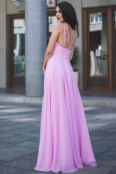 V Neck Pink Open Back Long Prom Dress with High Slit, Long Pink Formal Evening Dress, Pink Bridesmaid Dress