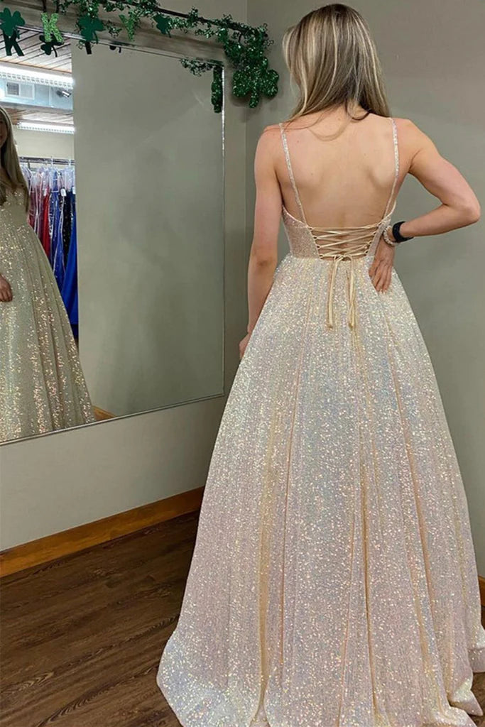 Shiny V Neck Backless Champagne Long Prom Dress, Long Champagne Formal morievent Shiny V Neck Backless Champagne Long Prom Dress, Long Champagne Formal morievent