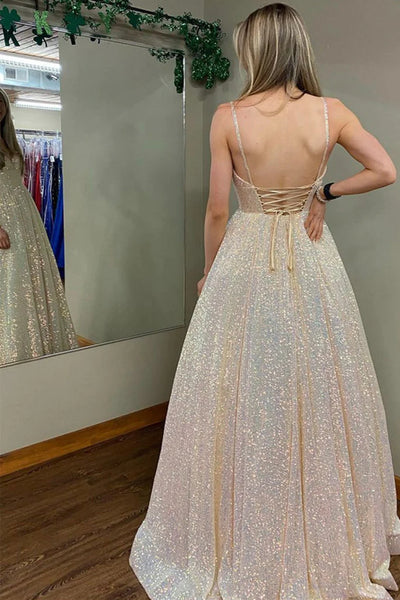 Shiny V Neck Backless Champagne Long Prom Dress, Long Champagne Formal Graduation Evening Dress