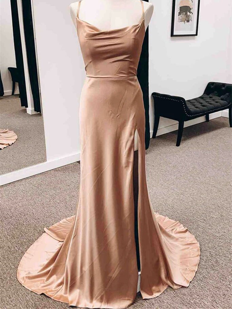 Backless Champagne Long Prom Dress with High Slit, Long Champagne Formal Graduation Evening Dress