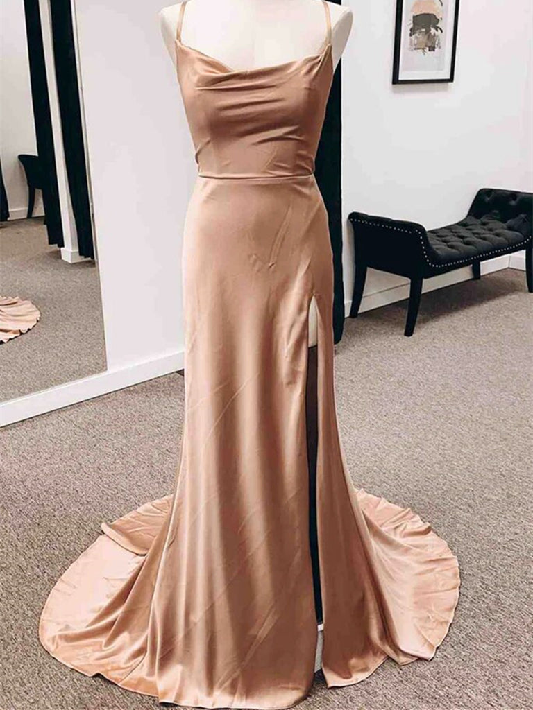 Backless Champagne Long Prom Dress with High Slit, Long Champagne Form morievent Backless Champagne Long Prom Dress with High Slit, Long Champagne Form morievent