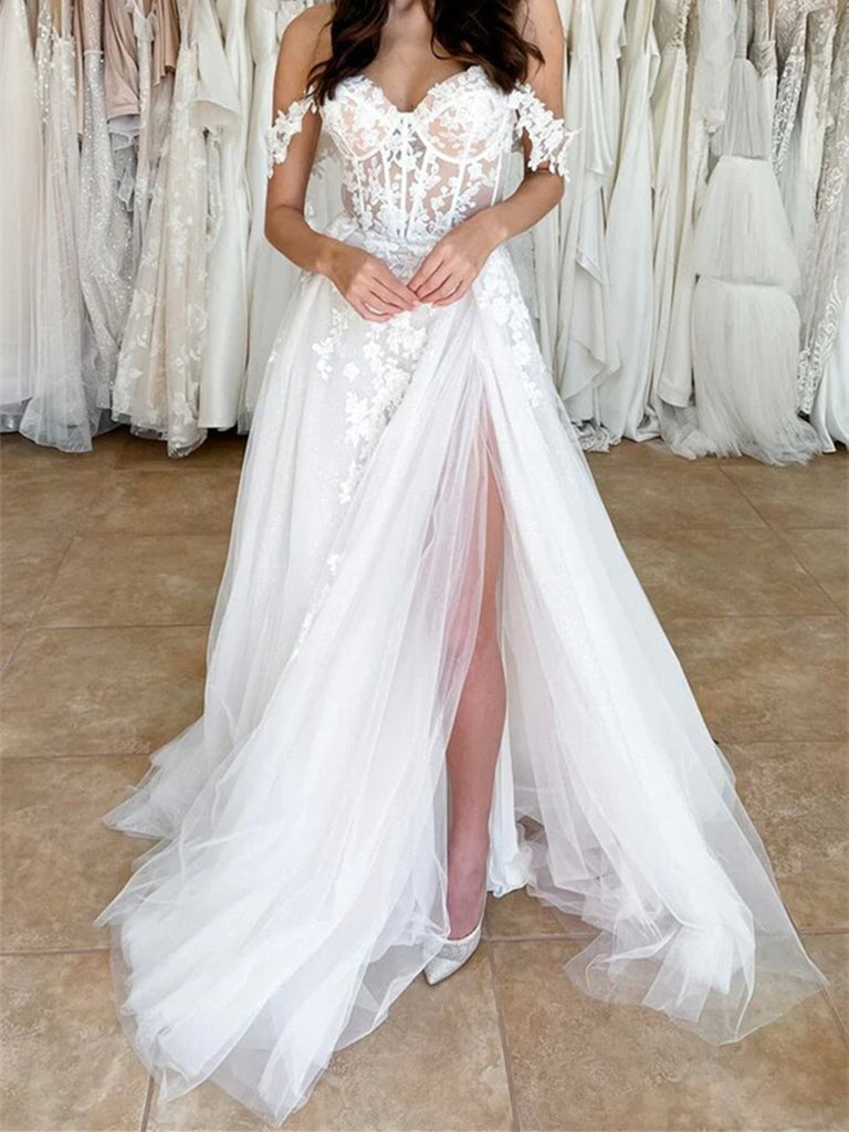Off Shoulder White Lace Long Prom Dress with High Slit, Ivory Lace For morievent Off Shoulder White Lace Long Prom Dress with High Slit, Ivory Lace For morievent