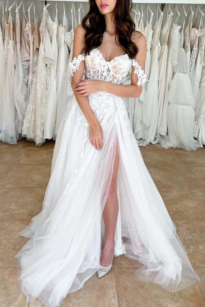 Off Shoulder White Lace Long Prom Dress with High Slit Ivory Lace Formal Evening Dress White Lace Wedding Dress