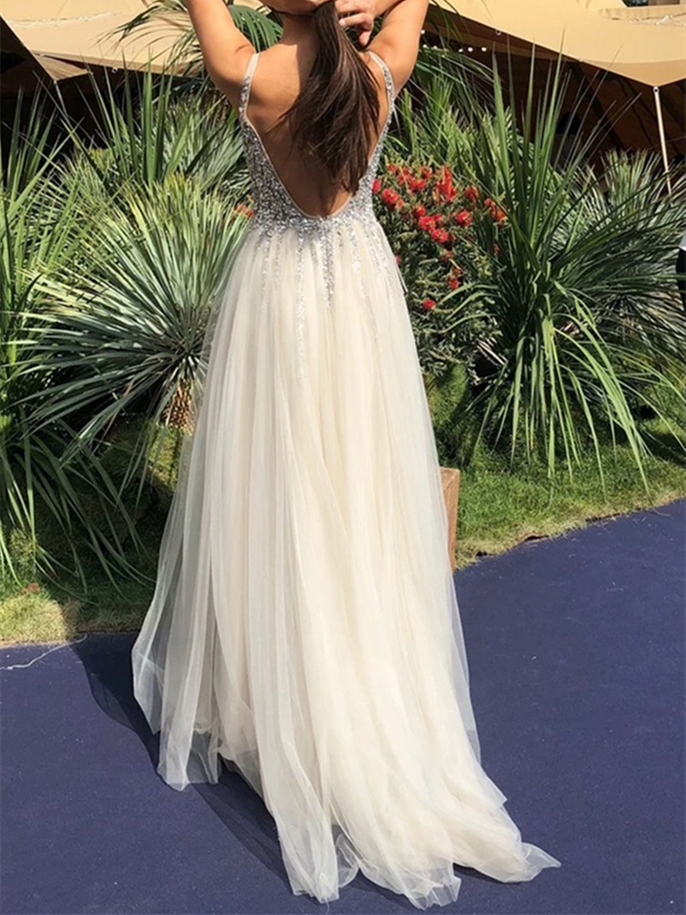 A Line V Neck Backless Tulle Beaded Ivory Long Prom Dresses, Ivory Bea morievent A Line V Neck Backless Tulle Beaded Ivory Long Prom Dresses, Ivory Bea morievent