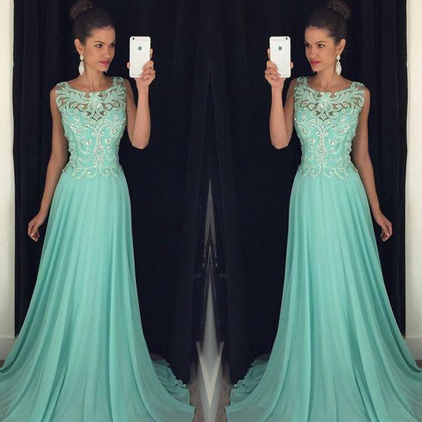Custom Made A Line Round Neck Mint Green Backless Prom Dresses, Mint Green Backless Formal Dresses Front Details