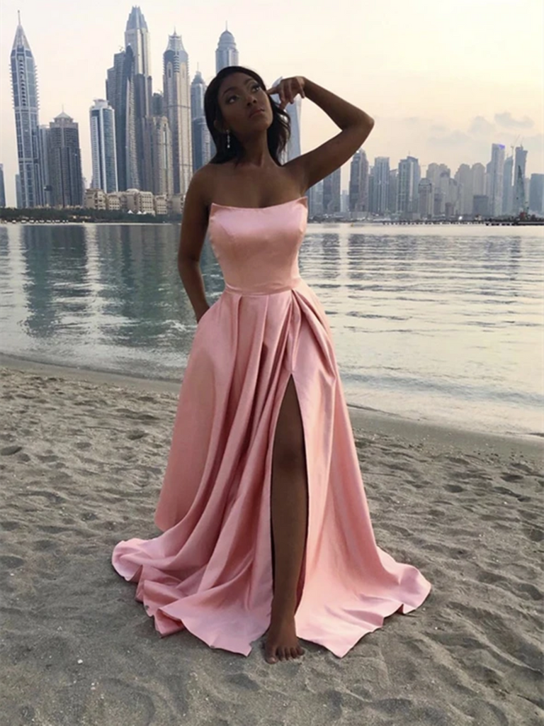 A Line Pink Satin Long Prom Dresses With Leg Slit, Pink Formal Evening Party Dresses