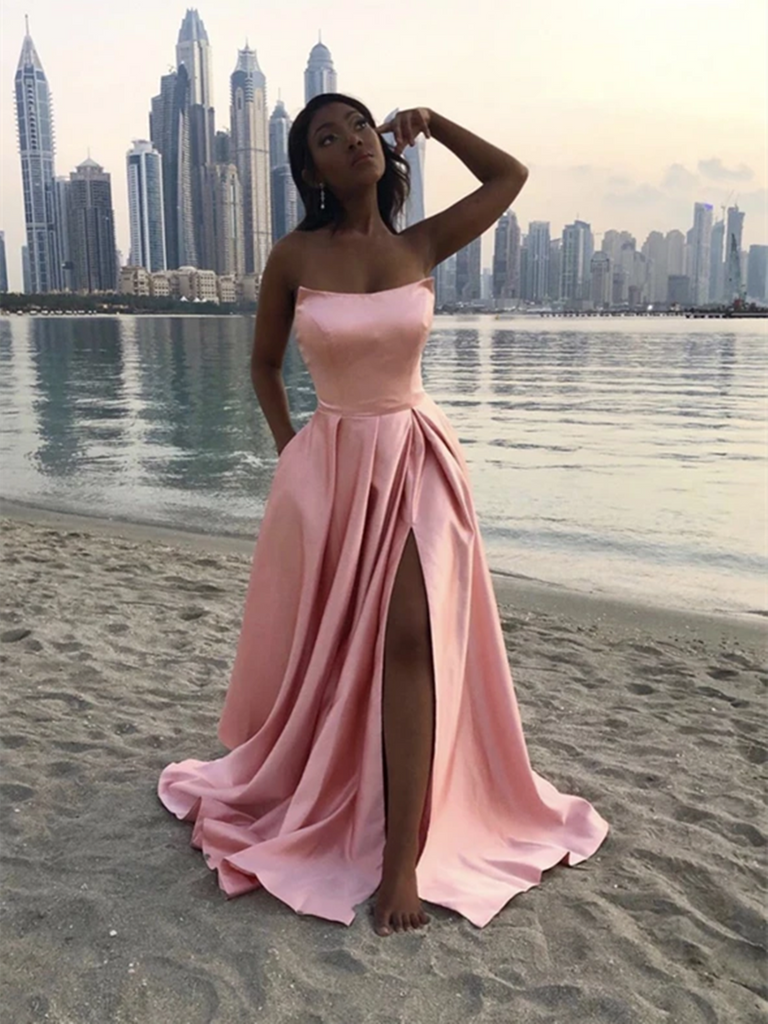 A Line Pink Satin Long Prom Dresses With Leg Slit Pink Formal