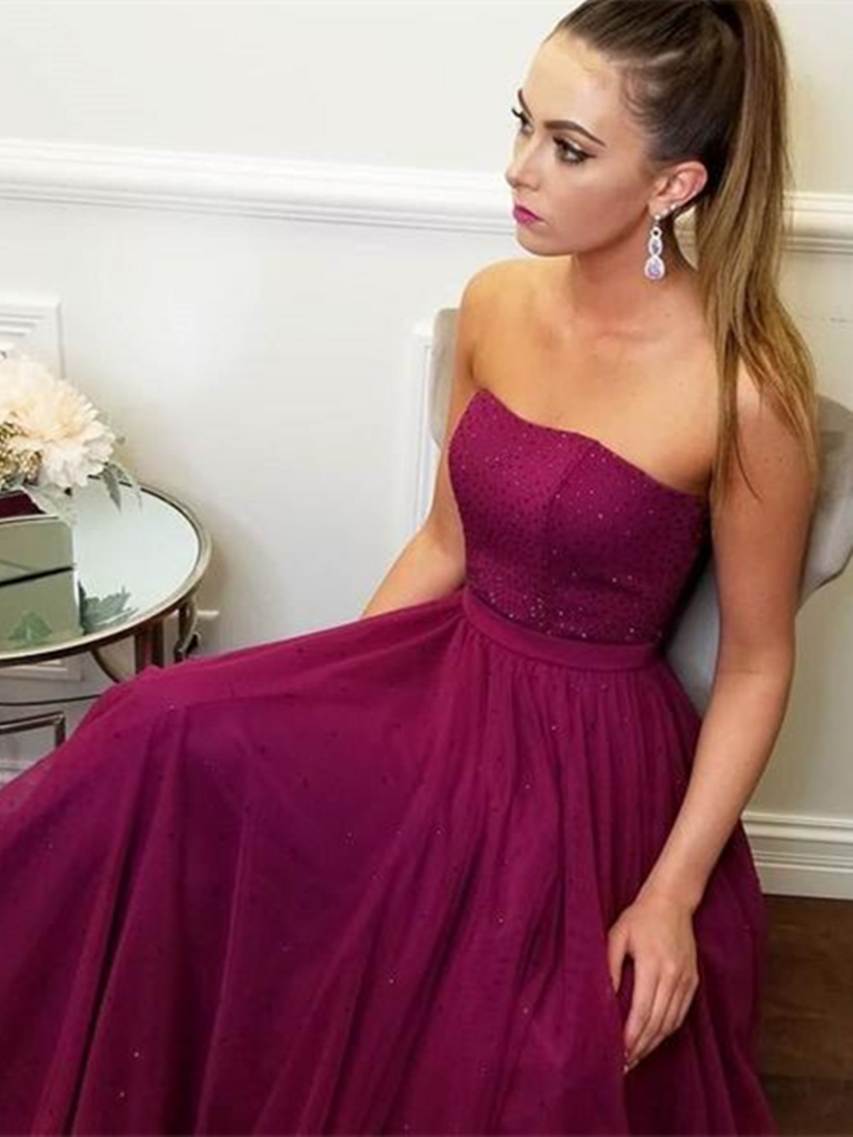 A Line Mulberry Shining Tulle Strapless Prom Dresses, Grape color Tull morievent A Line Mulberry Shining Tulle Strapless Prom Dresses, Grape color Tull morievent