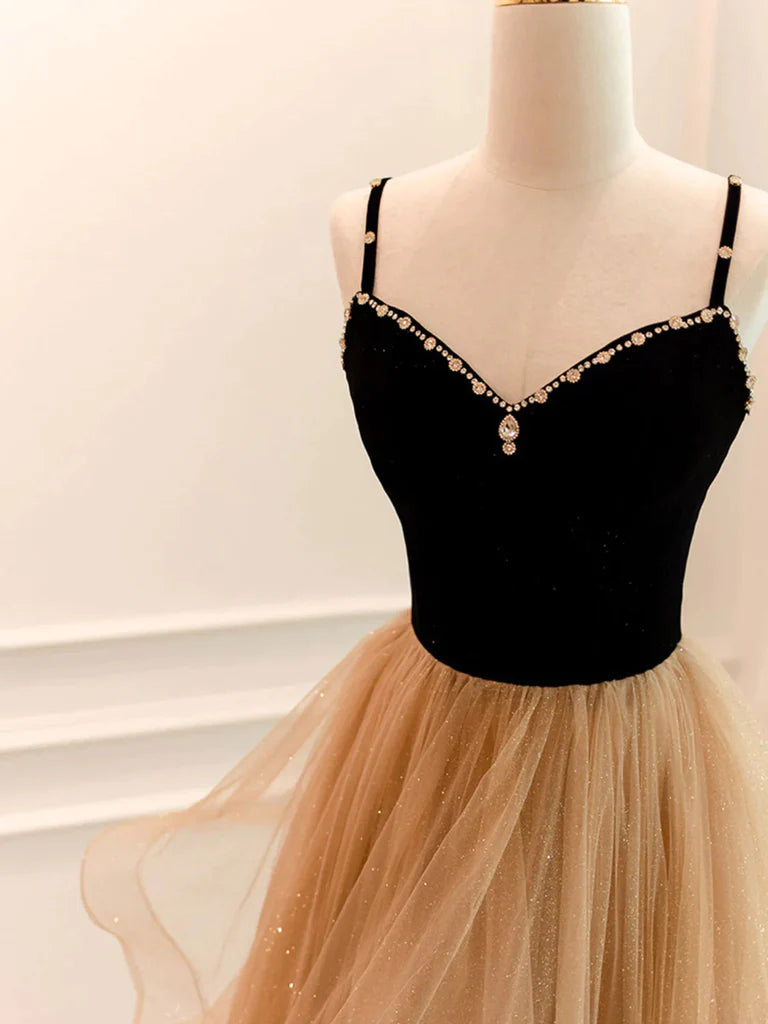 V Neck Open Back Black Champagne Long Prom Dresses, Black Champagne Lo morievent V Neck Open Back Black Champagne Long Prom Dresses, Black Champagne Lo morievent