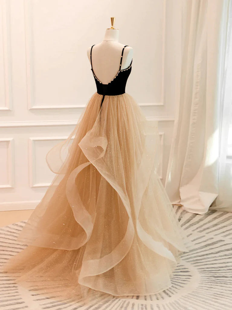 V Neck Open Back Black Champagne Long Prom Dresses, Black Champagne Lo morievent V Neck Open Back Black Champagne Long Prom Dresses, Black Champagne Lo morievent