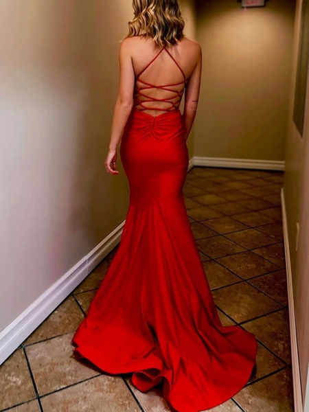 V Neck Mermaid Red Backless Satin Long Prom Dresses, Red Mermaid Open Back Formal Evening Party Dresses