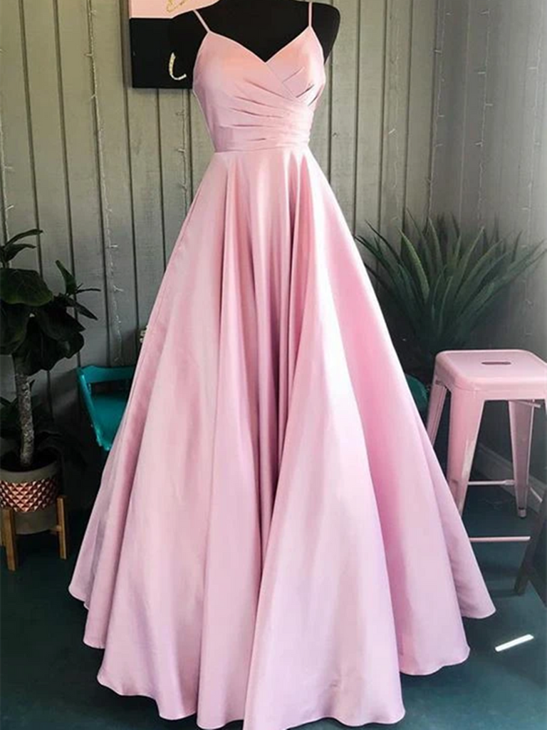 A Line Spaghetti Straps Pink Satin Long Prom Dresses, Pleated V Neck Pink Formal Evening Party Dresses