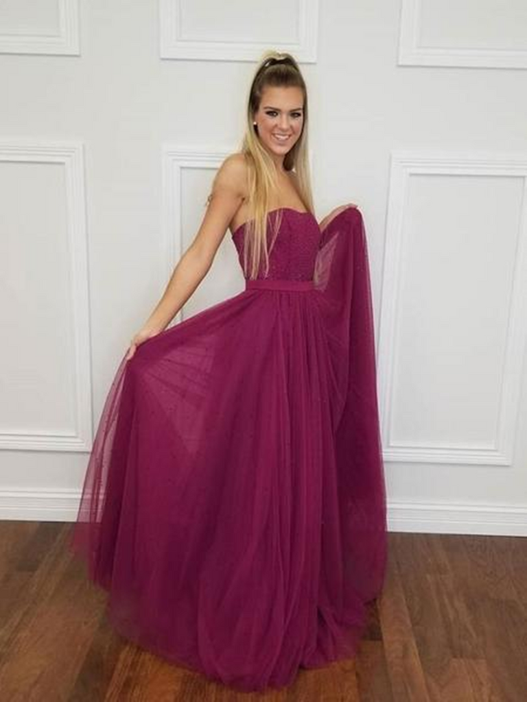 A Line Mulberry Shining Tulle Strapless Prom Dresses, Grape color Tulle Sequined Formal Evening Dresses