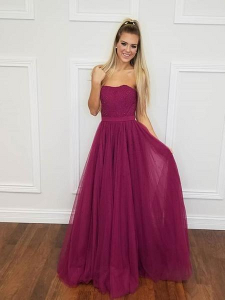A Line Mulberry Shining Tulle Strapless Prom Dresses, Grape color Tulle Sequined Formal Evening Dresses