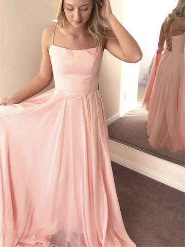 Simple A Line Pink Chiffon Long Prom Dresses, Pink Chiffon Long Formal Evening Graduation Party Dresses