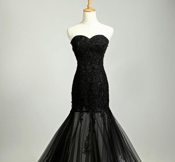 Custom Made Sweetheart Neck Mermaid Black Lace Prom Dresses with Sweep Train, Black Lace Formal Dresses Details