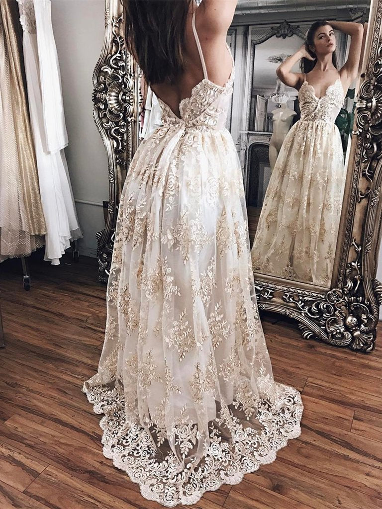 V Neck Backless Lace Ivory Wedding Dress with Champagne Appliques, Backless Lace Prom Dresses V Neck Backless Lace Ivory Wedding Dress with Champagne Appliques, Backless Lace Prom Dresses