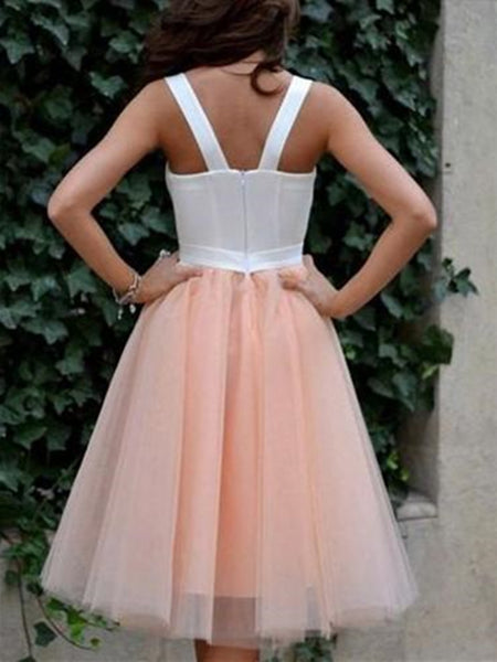 A line sweetheart neck white and blush pink short prom dress, White and blush pink homecoming dress with double straps