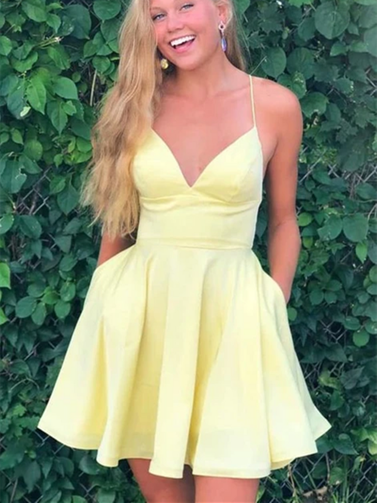 A Line V Neck Short Yellow Backless Prom Dresses, Short Yellow Formal Evening Dresses