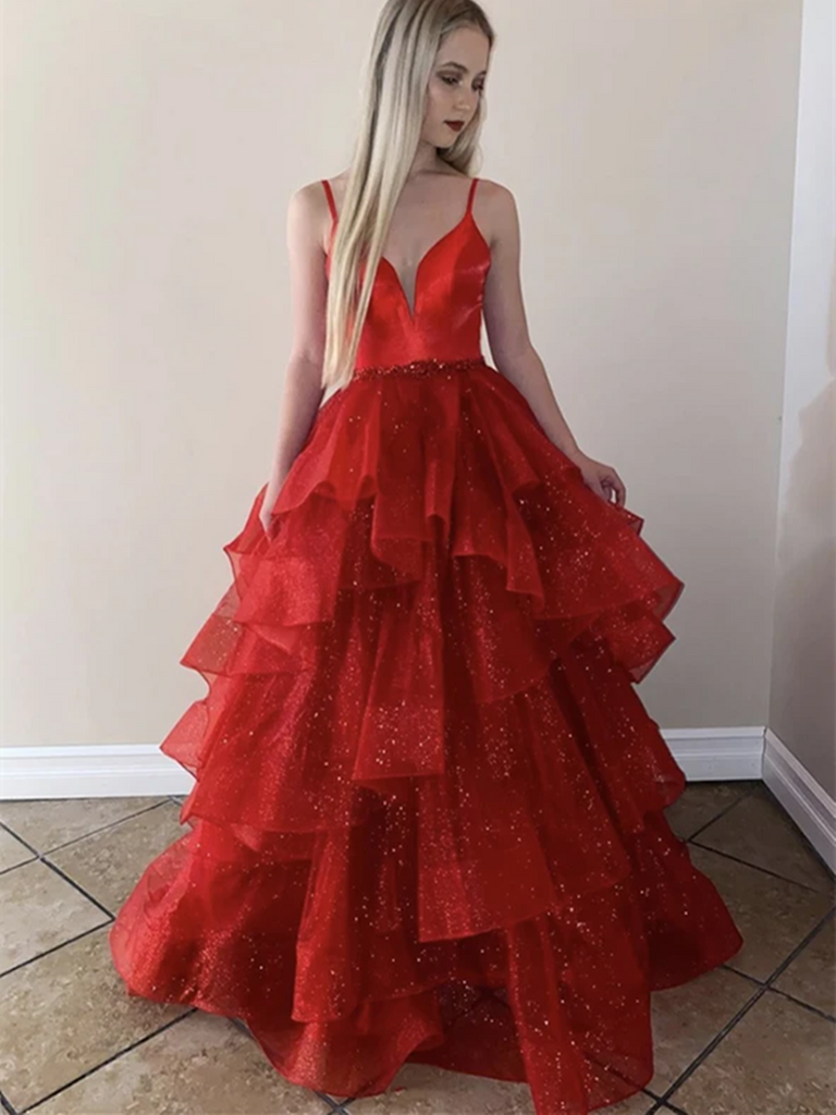 A Line Red V Neck Tulle Sequins Long Prom Dresses, Red V Neck Tulle Sequins Formal Evening Dresses