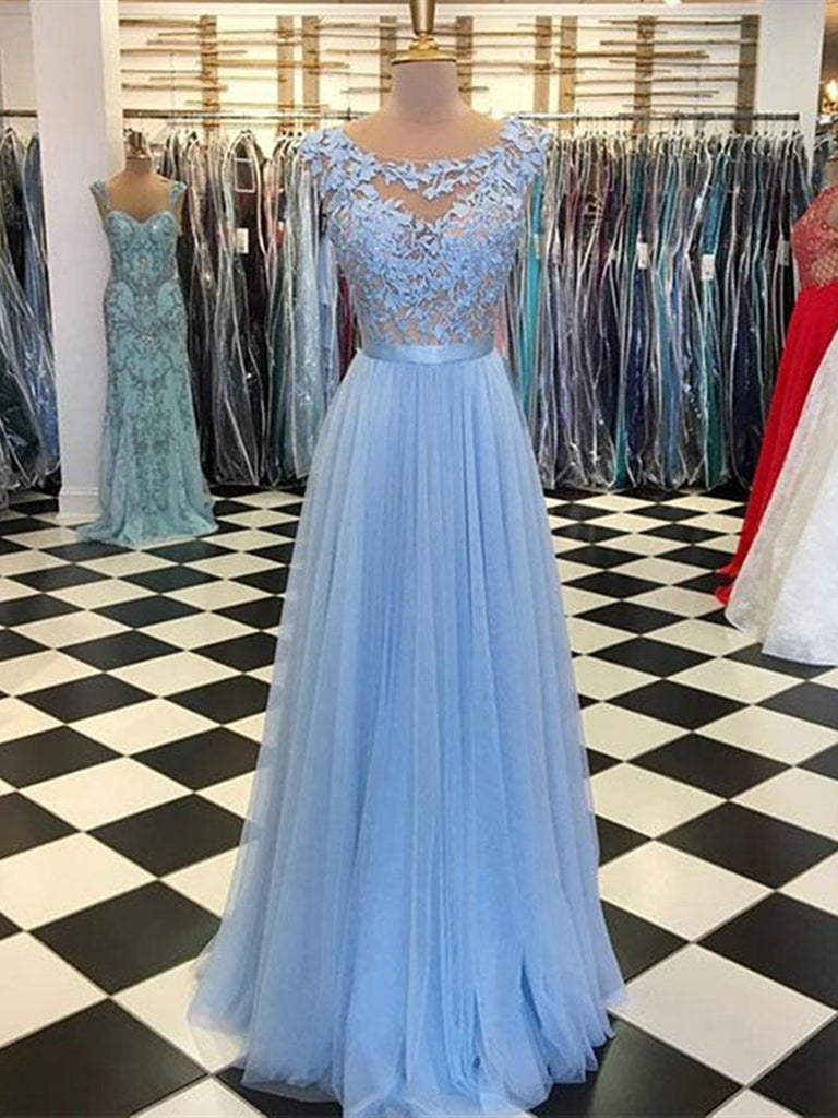 A Line Round Neck Blue Lace Appliques Tulle Long Prom Dresses, Blue Lace Graduation Evening Formal Dresses